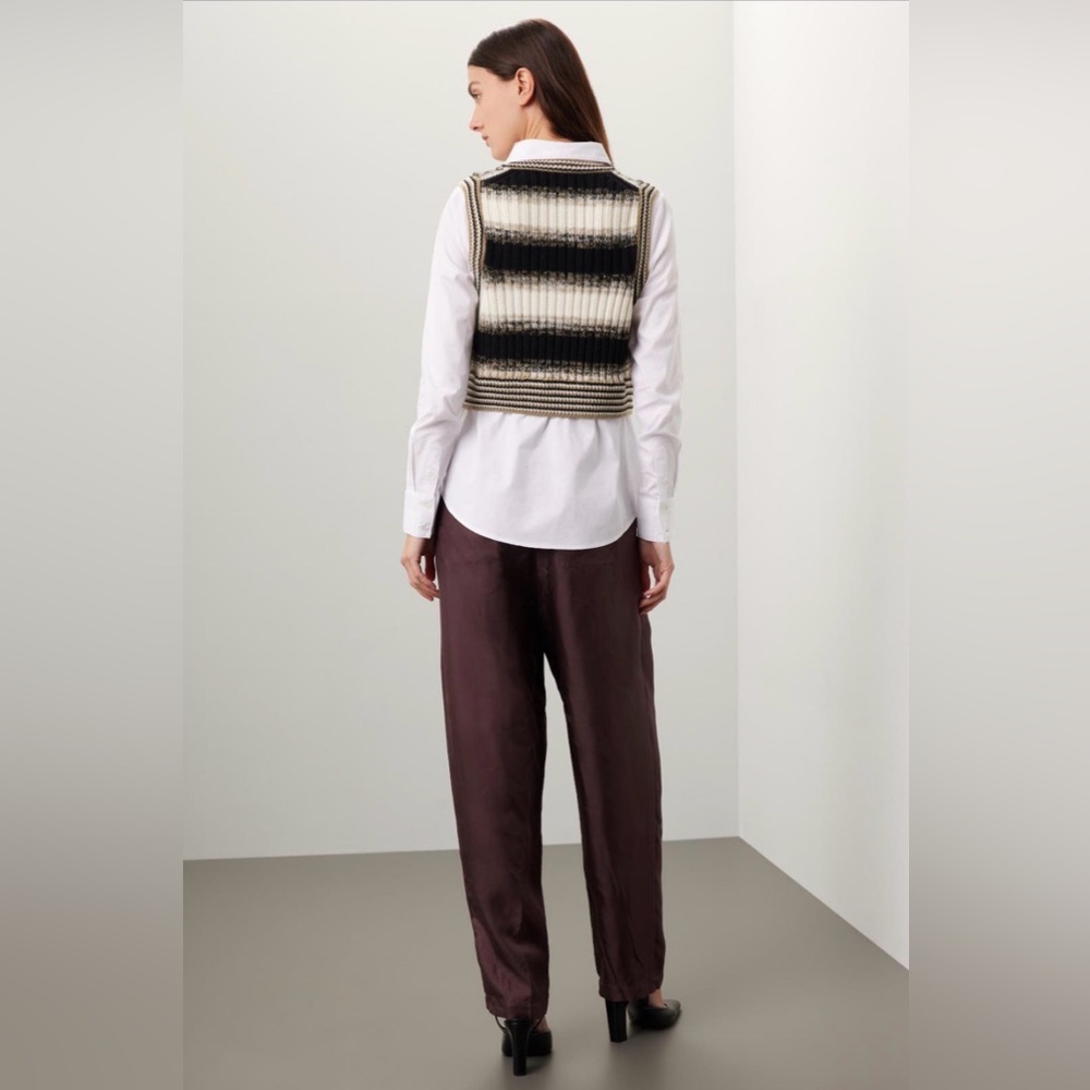 Veronica Beard Mixed Media Black and Cream Striped Sweater Vest - Picture 2 of 5